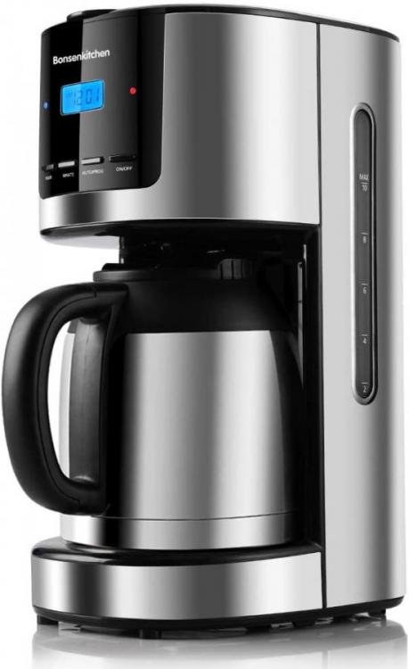 Bonsenkitchen Filter Coffee Machine with Thermos Jug and Timer,  Programmable Stainless Steel Coffee Machine with Anti-Drip Function, 10-12  Cups (1.5